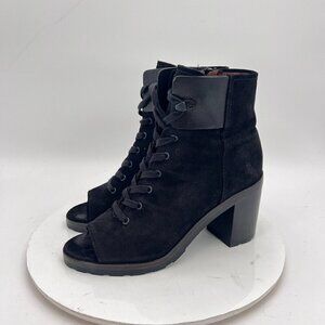 Frye 3478038 Women Size 9.5M Black Suede Side Zip Lace Up Heel Open Toe Boot